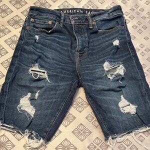 American Eagle Outfitters Men's Dark Blue Ripped Jean Shorts